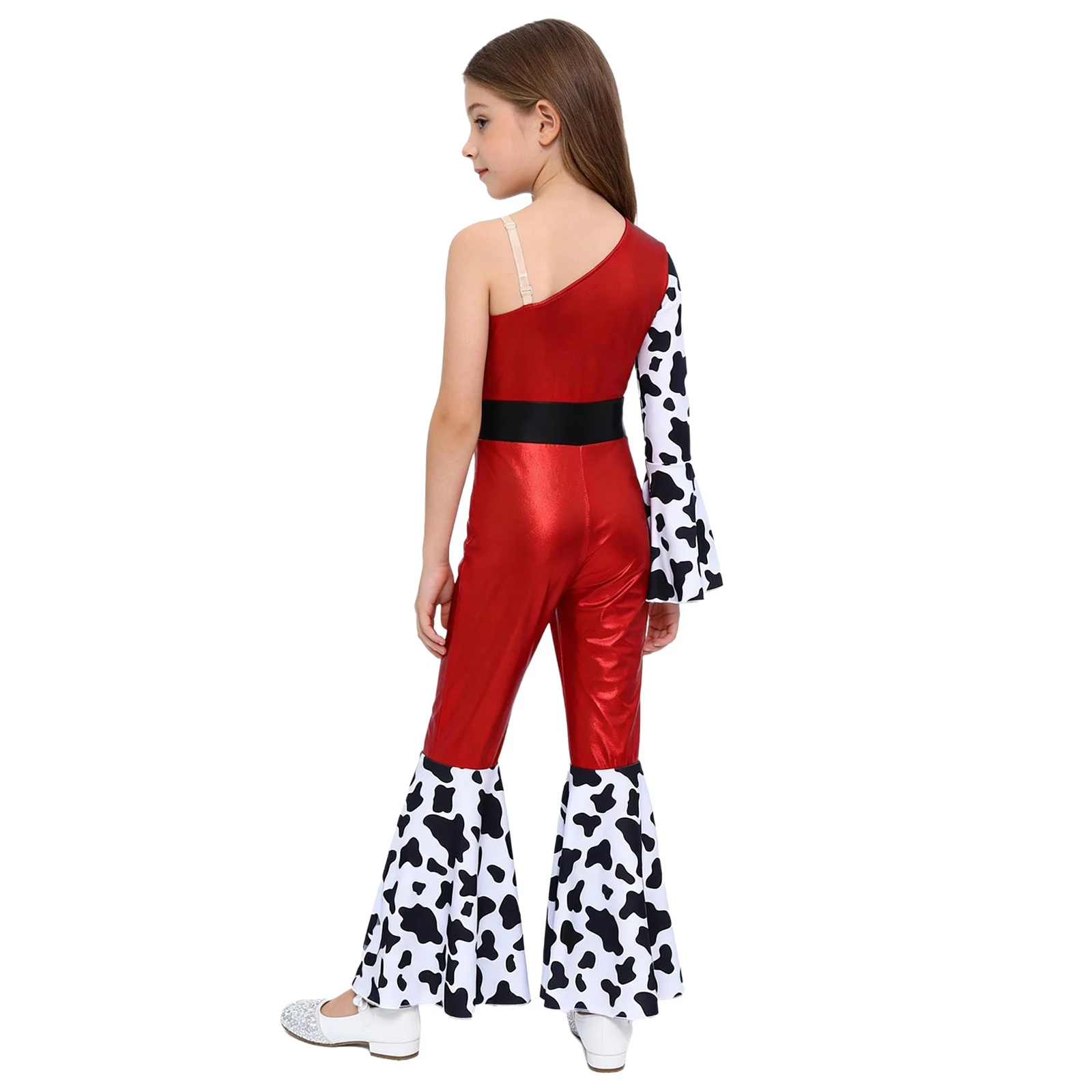 Kids Girls Western Cowboy Cowgirl Costume Metallic Gloss Long Sleeve Jumpsuit Bell-bottoms Carnival Disco Party Hippie Bodysuit