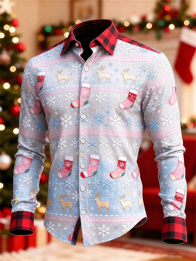 New light blue gradient Christmas men's long sleeved shirt reindeer snowflake red haig collar holiday print shirt