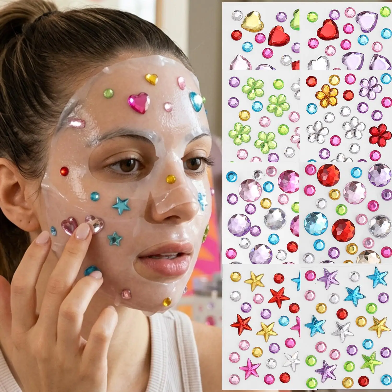 10 Sheets Colorful Self Adhesive Rhinestone Gem Stickers Assorted Shapes Acrylic Glitter Jewel Decals Bling Charms Face DIY