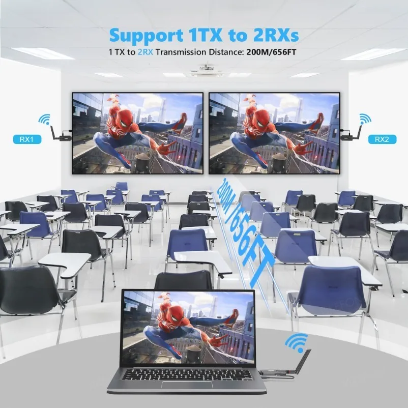 Pemancar dan penerima Video transmisi nirkabel 200M cermin layar kabel adaptor Extender kompatibel dengan HDMI untuk kamera PC TV
