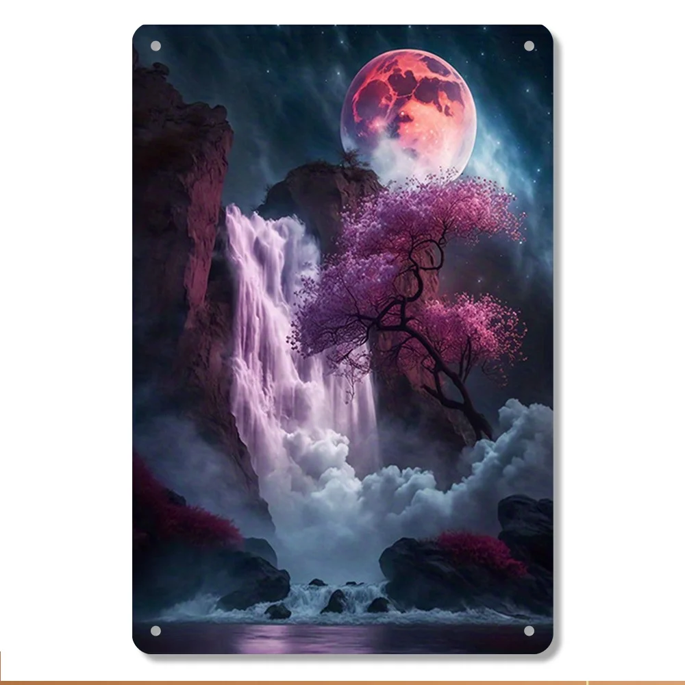 "Dreamy Moonlit Waterfall Tin Painting  Exquisite Natural Landscape Decorative Artwork" Suitable for Home and Office Wall Plaque