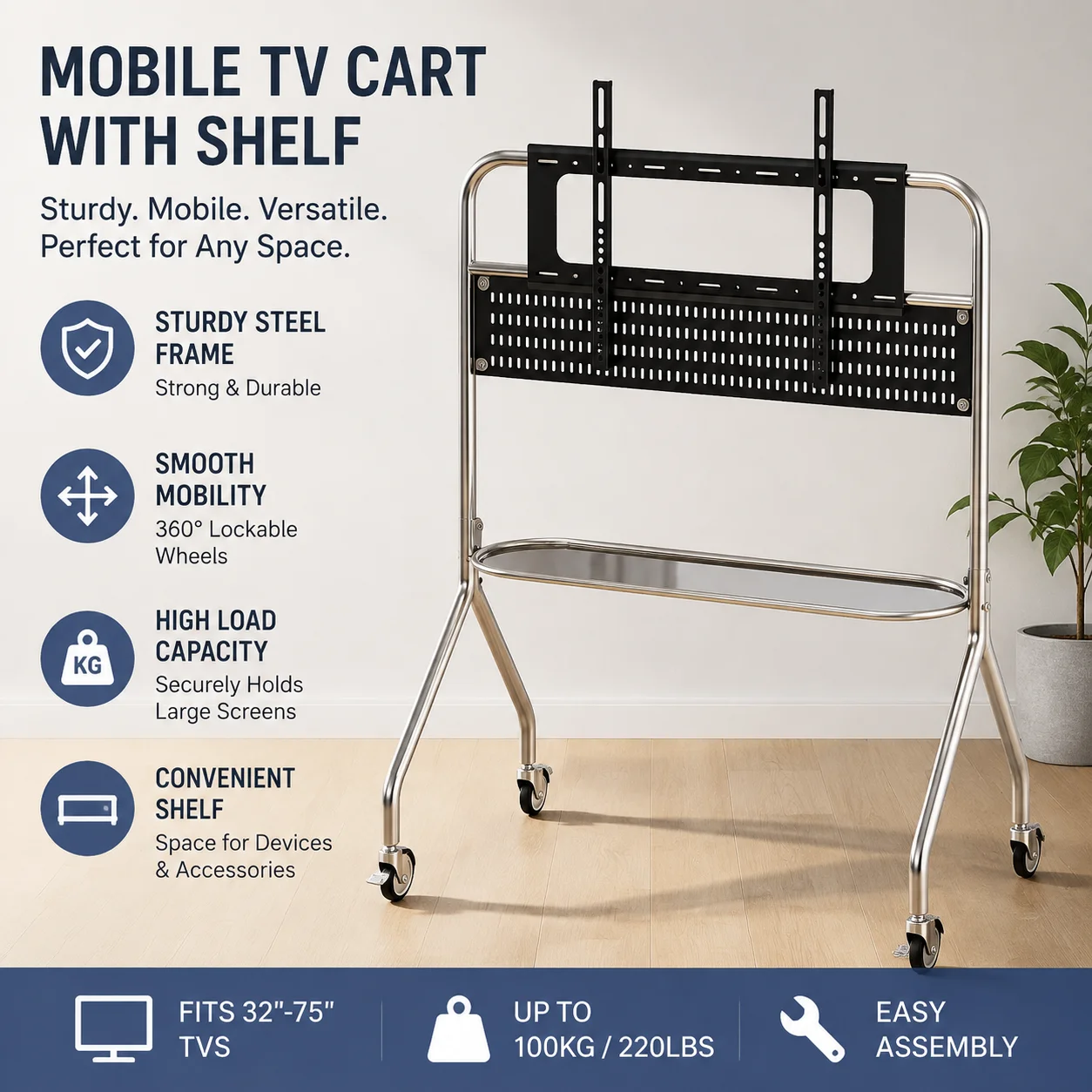 Stainless Steel TV Stand for 32–75 Inch TVs – Mobile with Casters, Built-in Storage, Modern Living Room Furniture