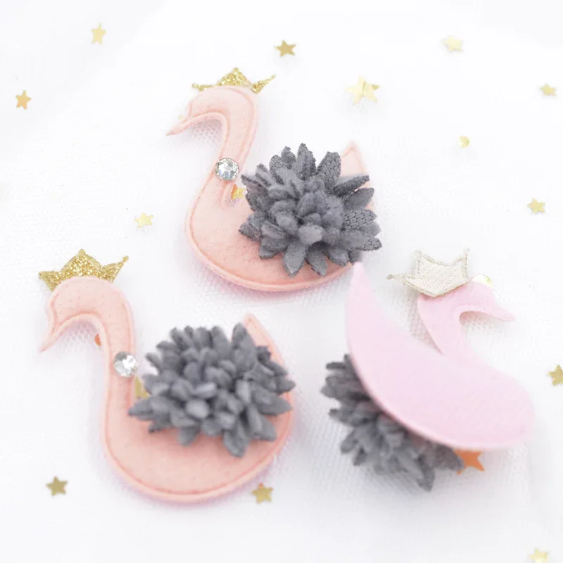 4/6Pcs 6CM Plush Fabric Pads Appliques Crown Rhinestone Flower Kawaii Swan Patches for Clothes Sewing DIY Hair Bow Ornament