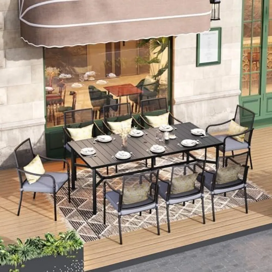 Outdoor dining table for 8, black metal, weather-resistant finish, includes umbrella hole and reinforced legs for stability