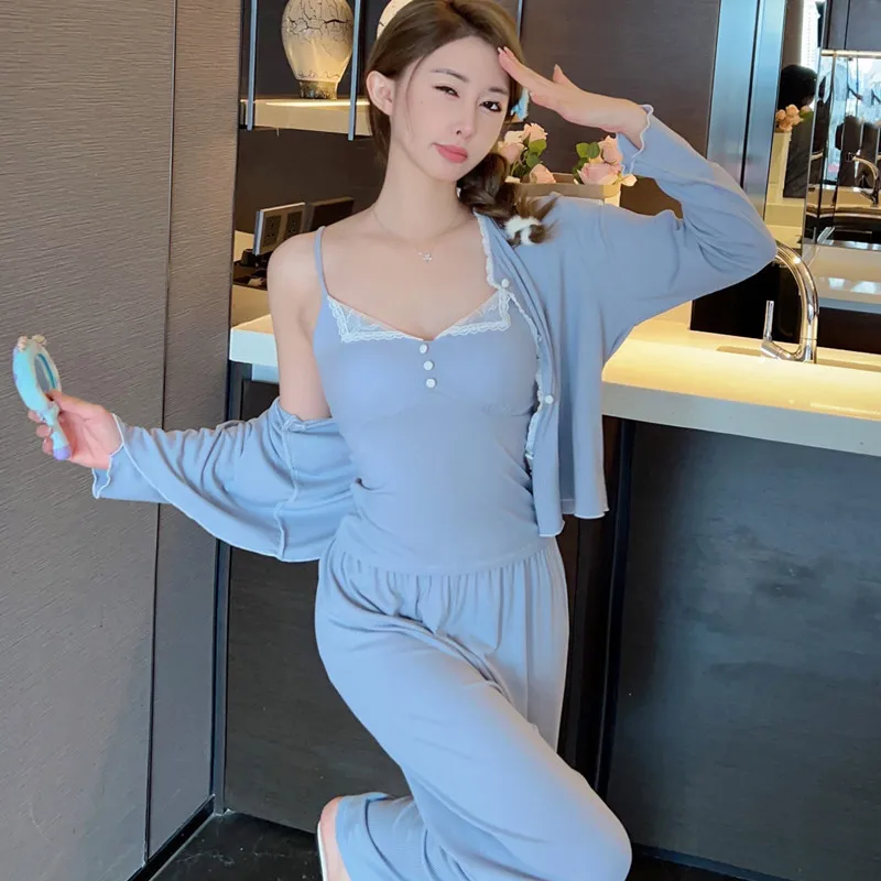 

Sexy Lace Sling Pants Cardigan 3PCS Pajamas Suit Modal Soft Sleepwear Female Spring Autumn Lounge Wear Loose Casual Home Clothes