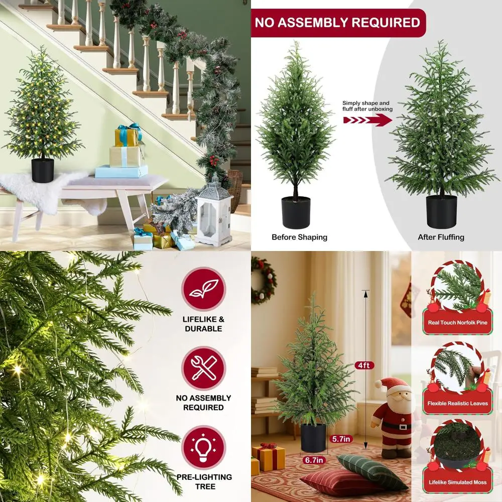 

4-Foot Pre-Lit Norfolk Pine Christmas Tree with 100 LEDs and 8-Function Battery Box - Indoor Potted Decor
