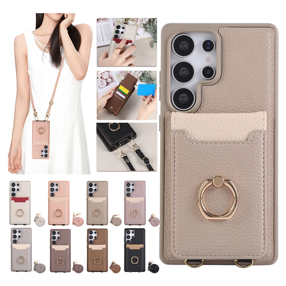 

Crossbody Leather Case for Samsung Galaxy S25Edge S24 23 22 S26 Ultra Plus FE Phone Cover Phone Case Cards Bag Lanyard Kickstand