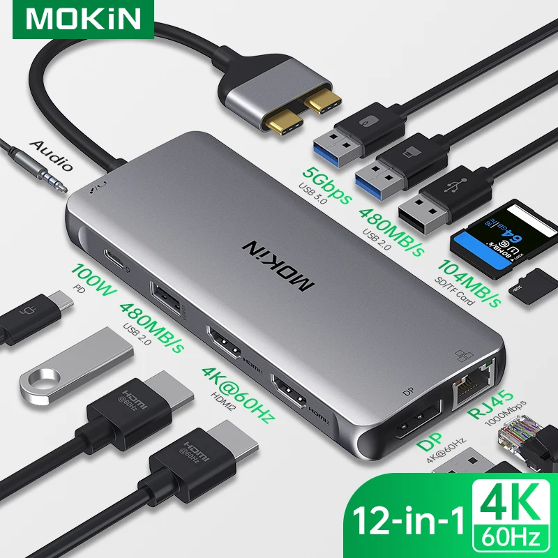 

MOKiN 12 in 1 USB C Hub Adapter Mac Docking Station Dual Monitor USB C to Dual HDMI Adapter for MacBook Pro Air Mac Dock Dongle