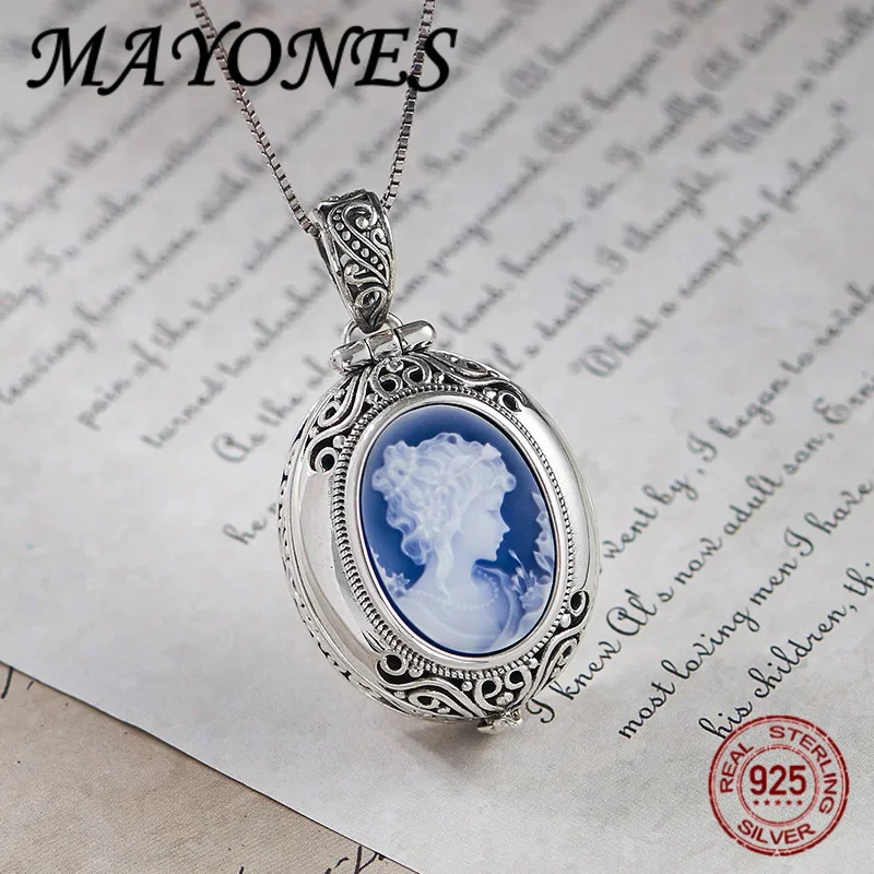 

Real 925 sterling silver gawu box cameo pendant openable blue agate white shell necklace for women fashionable jewelry