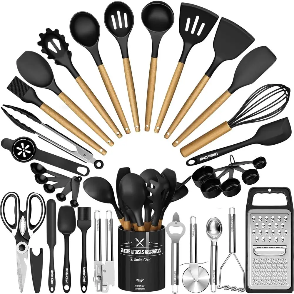 Kitchen Utensils Set - 34PCS Silicone Cooking Utensil with Holder, Heat Resistant, Black Wooden Handles Gadgets Tools Set