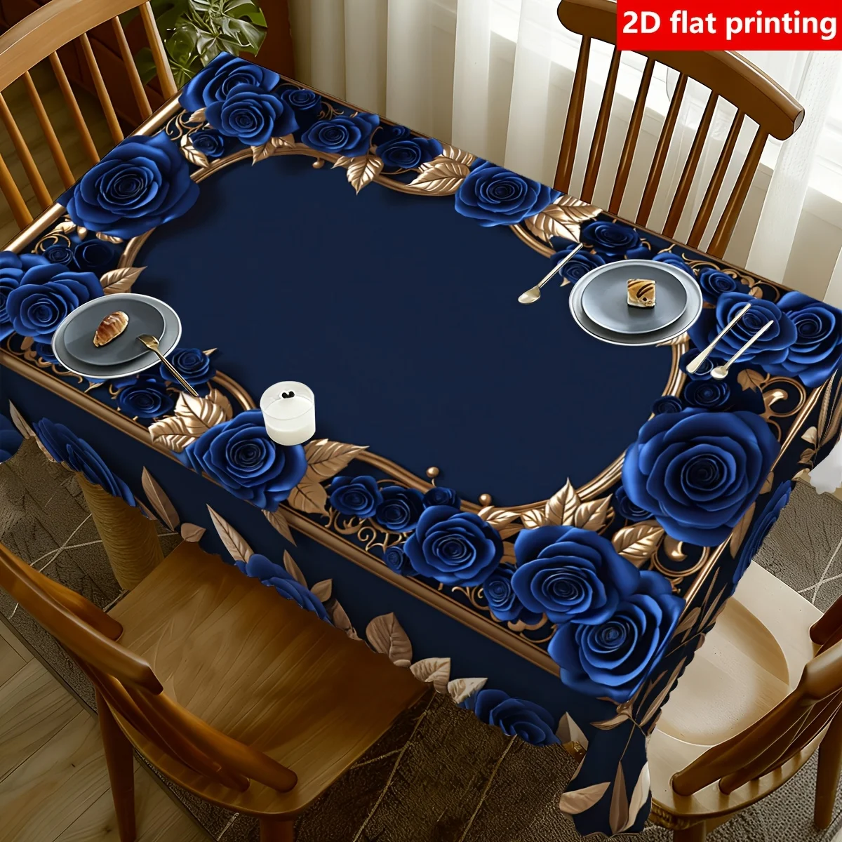 Elegant Blue Rose Floral Tablecloth Waterproof Table Cover for Dining Room Centerpiece Decor