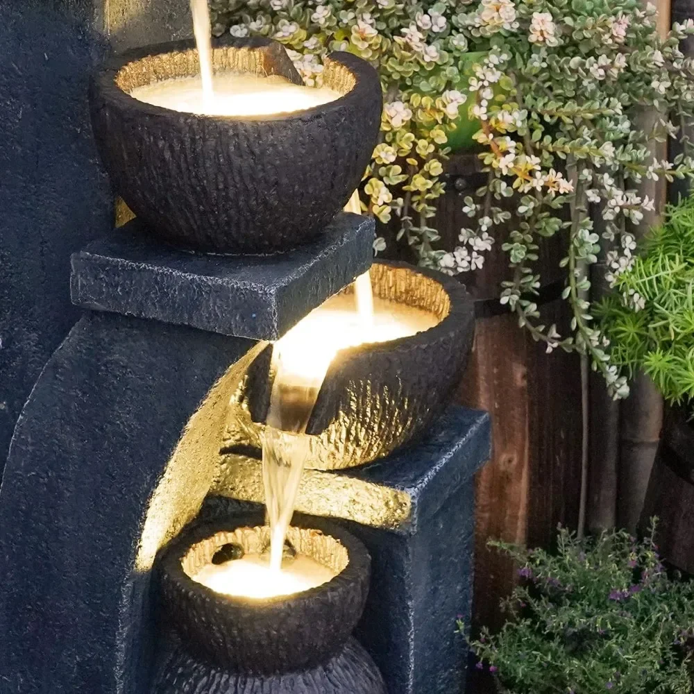 Water Fountain Outdoor 4-Crocks Modern Fountains LED Lighted Floor Fountain Natural Polyresin Decor for Garden,Patio,Backyard