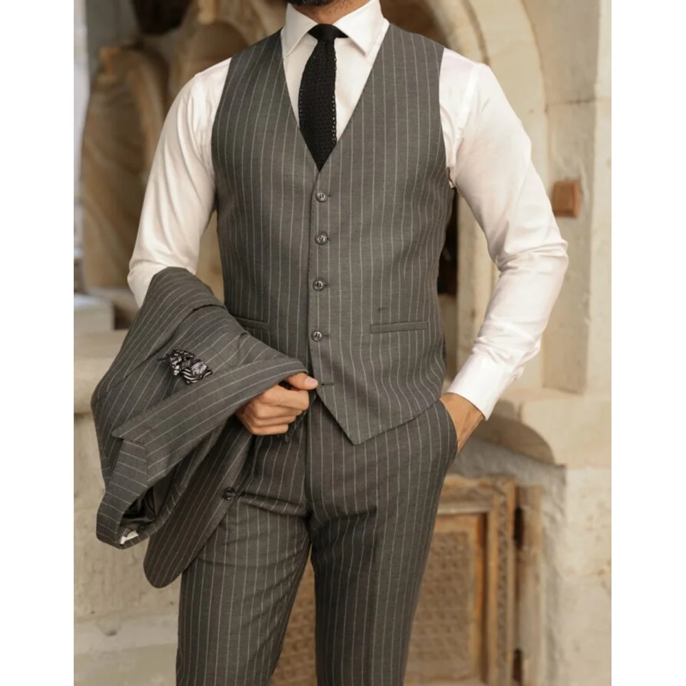 Chic Striped Men's Suits 3 Piece Business Casual Outfits Fashion Peak Lapel Single Breasted Male Suit Slim (Blazer+Vest+Pants)