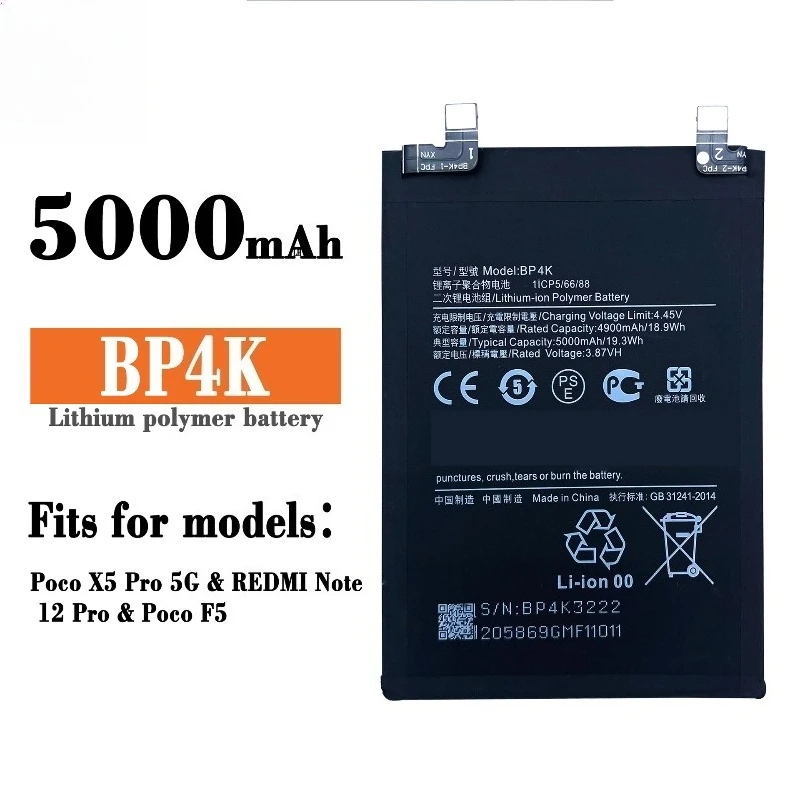 100% New 5000mAh BP4K for Xiaomi Poco X5 Pro 5G for Redmi Note 12 Pro/Poco F5 /Note 12 Turbo Mobile Phone Battery+Tools