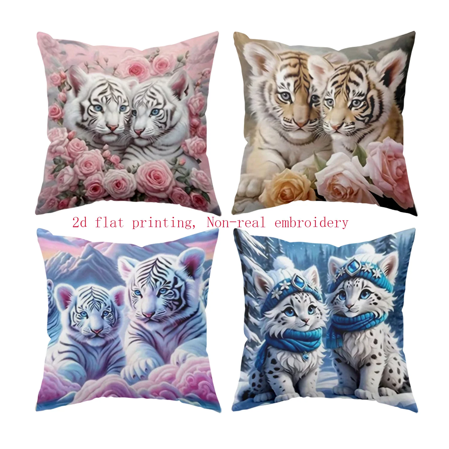 2D Flat - Un juego  4 fundas  almohada en un estilo morno y cotidiano, con estampados 2D acuados para un tema  animale