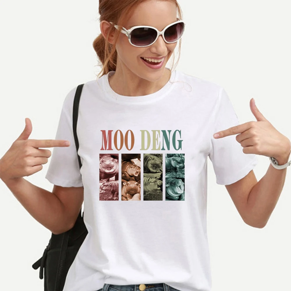 Vintage Moo Deng T Shirt Baby Hippo Tshirts Cute Moo Deng T-Shirt Women Graphic Tee Short Sleeve Hippo Lover T-shirt Women Tops