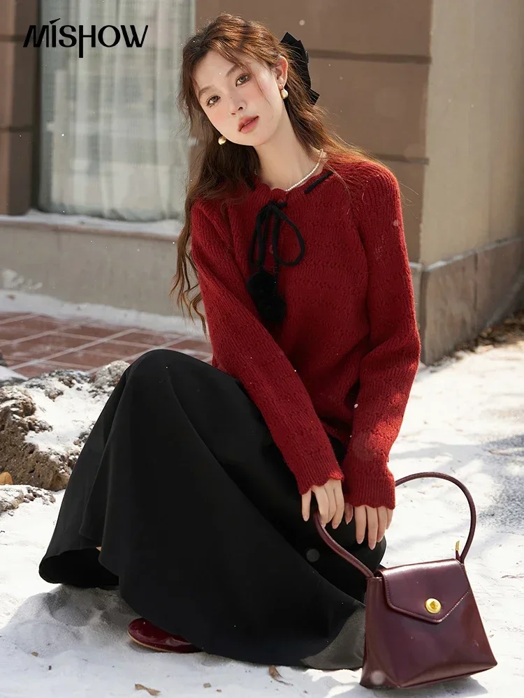 MISHOW Autumn Winter Christmas Sweater for Women Vintage Cute Lace-up Knitted Cardigan Top Female Lazy Style MXC55Z0417