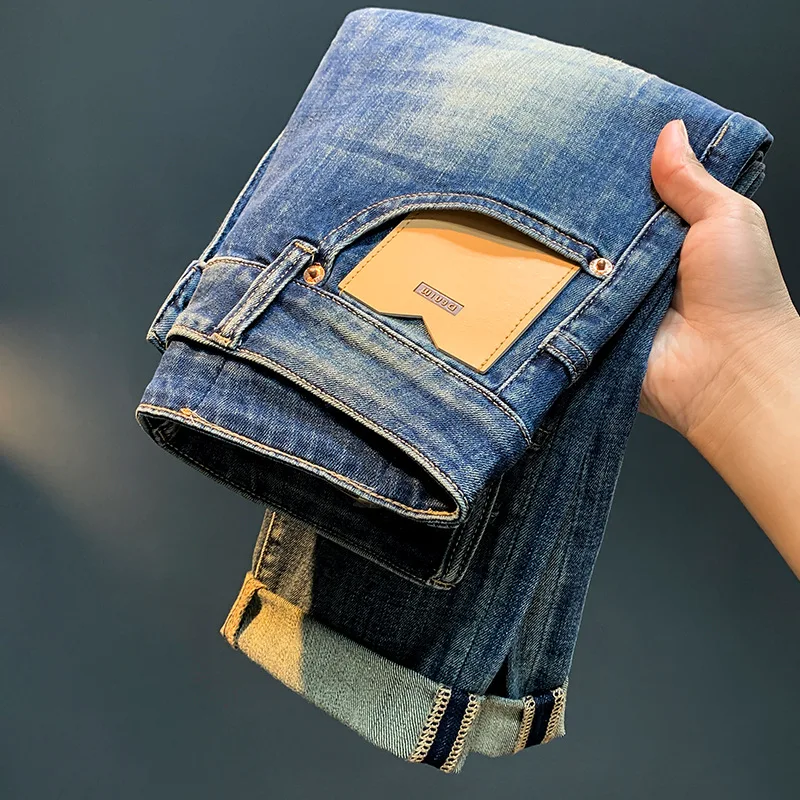 Jeans sobek untuk pria, celana panjang mewah ringan kasual pas badan musim panas, celana Jeans robek baru untuk pria