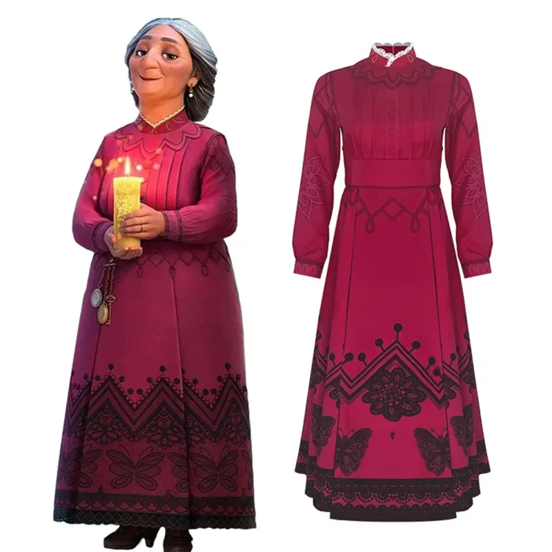 Encanto Movie Alma Madrigal Cosplay Costume for Adult Women Kids Girls Red Long Dress for Halloween Family Party Suit