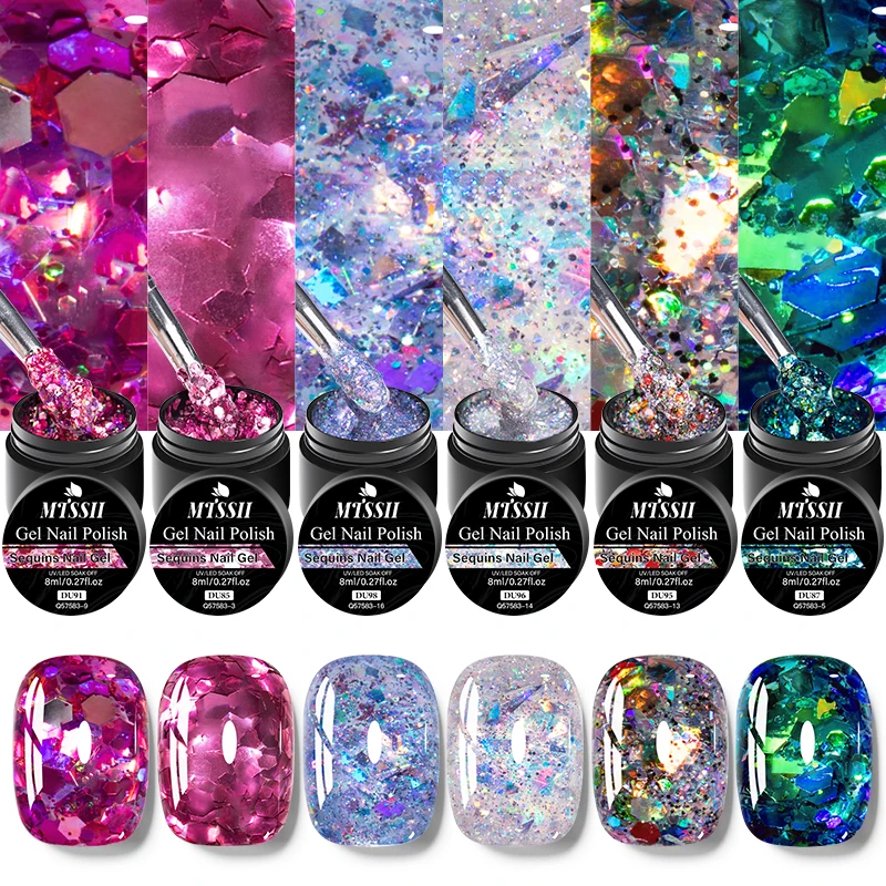 6pcs Glitter Sequins Gel Nail Polish Set Blue Silver Laser Semi Permanent Soak Off UV Gel Varnish Decoration Nail Supplies DIY
