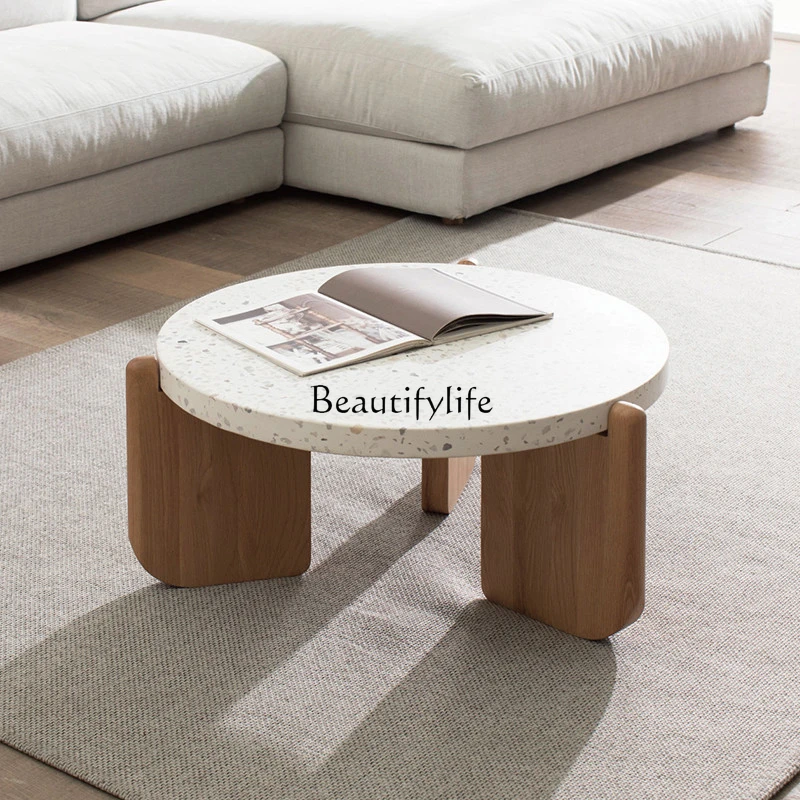 

Original Terrazzo Coffee Table Living Room Small Apartment Oak Solid Wood Nordic Modern round Tea Table