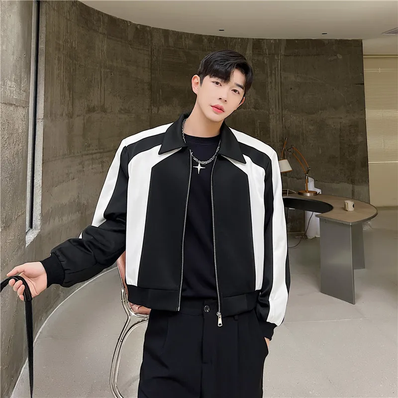 

Новая модная мужская куртка с подплечниками, в стиле колор-блок, крутая короткая верхняя одежда в корейском стиле, из полиэстеровой смеси