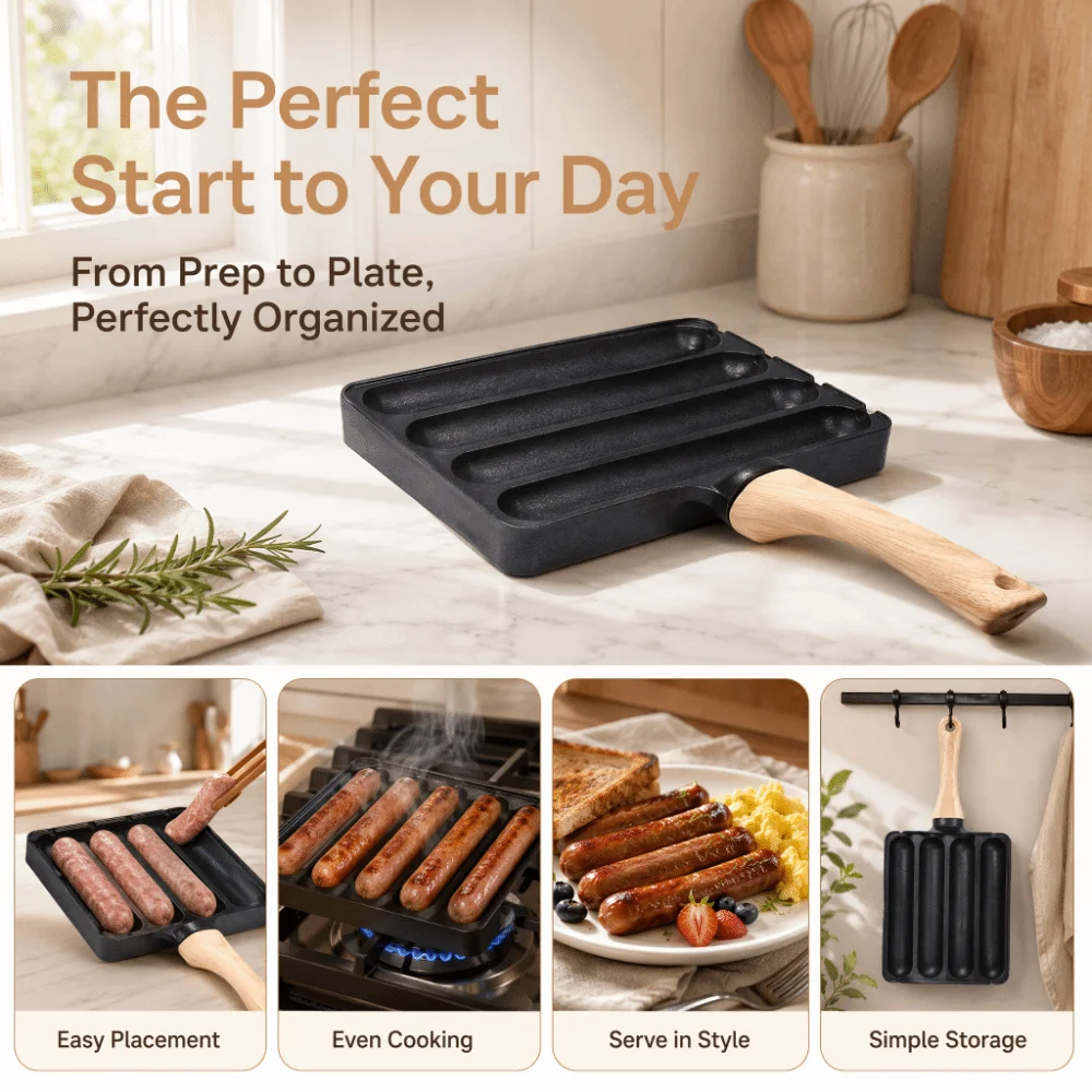 Practical Wood Handle Hot Dog Pan Save Space Compact Sausage Pan Aluminum Alloy + Bakelite Black Sausage Grill Pan Gas