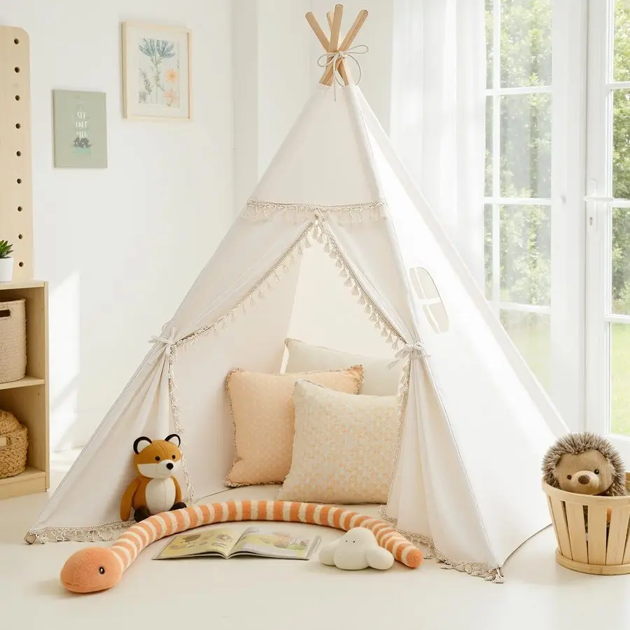 Tenda tipi per bambini Casetta da gioco in tela naturale con frange, tessuto lavabile, tenda nanna Tipi, include borsa per il trasporto, luci amp Colo