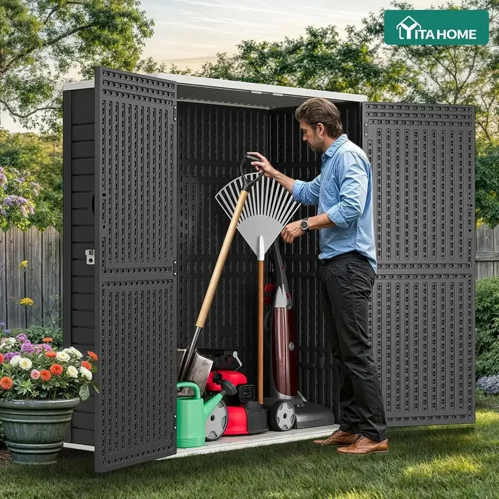 Outdoor Tall Storage Shed - Waterproof Resin, Ideal for Garden, Garage, Patio, Lockable Tool Storage, No Shelves, Gray