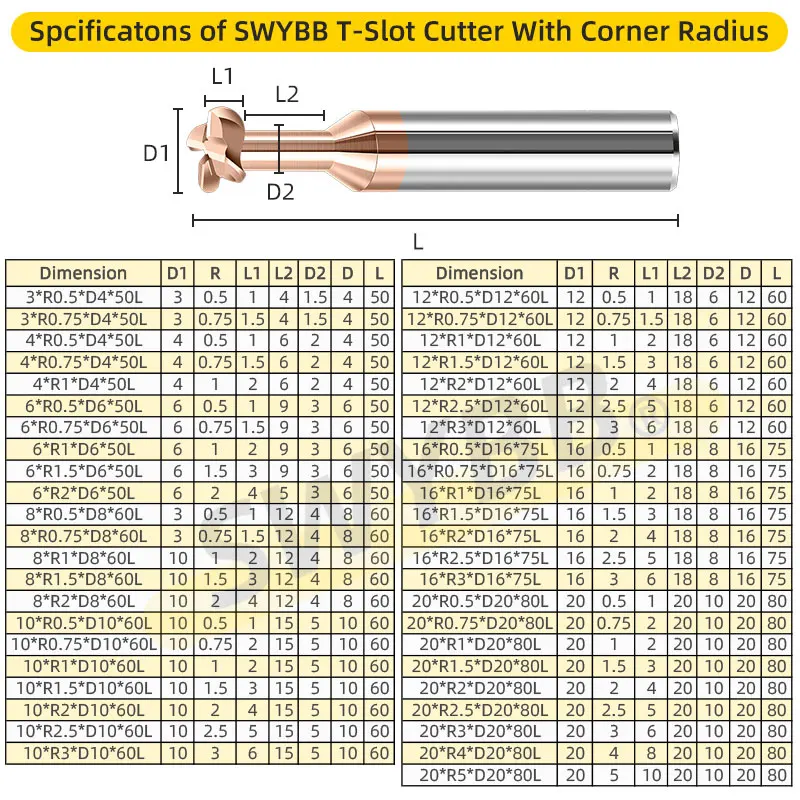 SWYBB Radius Corner T Slot End Mill CNC Carbide Cutter Concave Arc Machining Steel Aluminum Tool 6mm R0.5 R1 R1.5