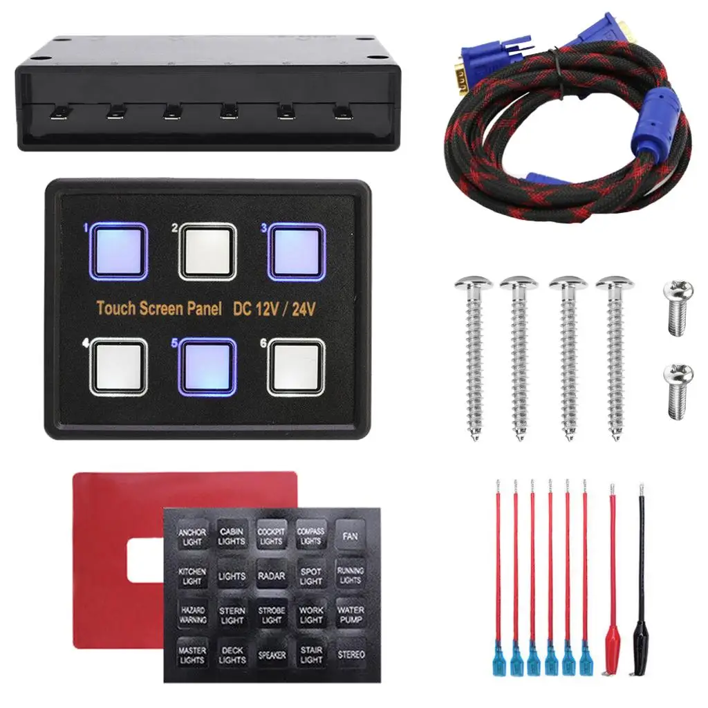 Boat Car 12V/24V 6 Gang Touch Screen LED Switch Cable Control Box