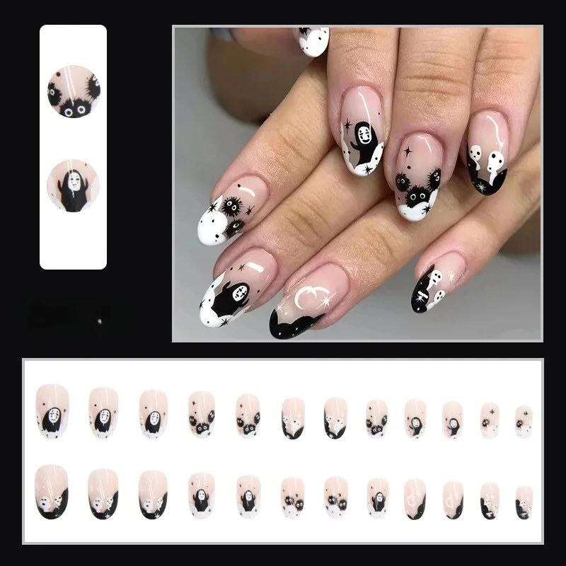 24 pz/set Halloween Press on Nails Set Nero French Nail Copertura Completa Bara Acrilico Unghie Finte Breve Stampa su Punte False Del Chiodo