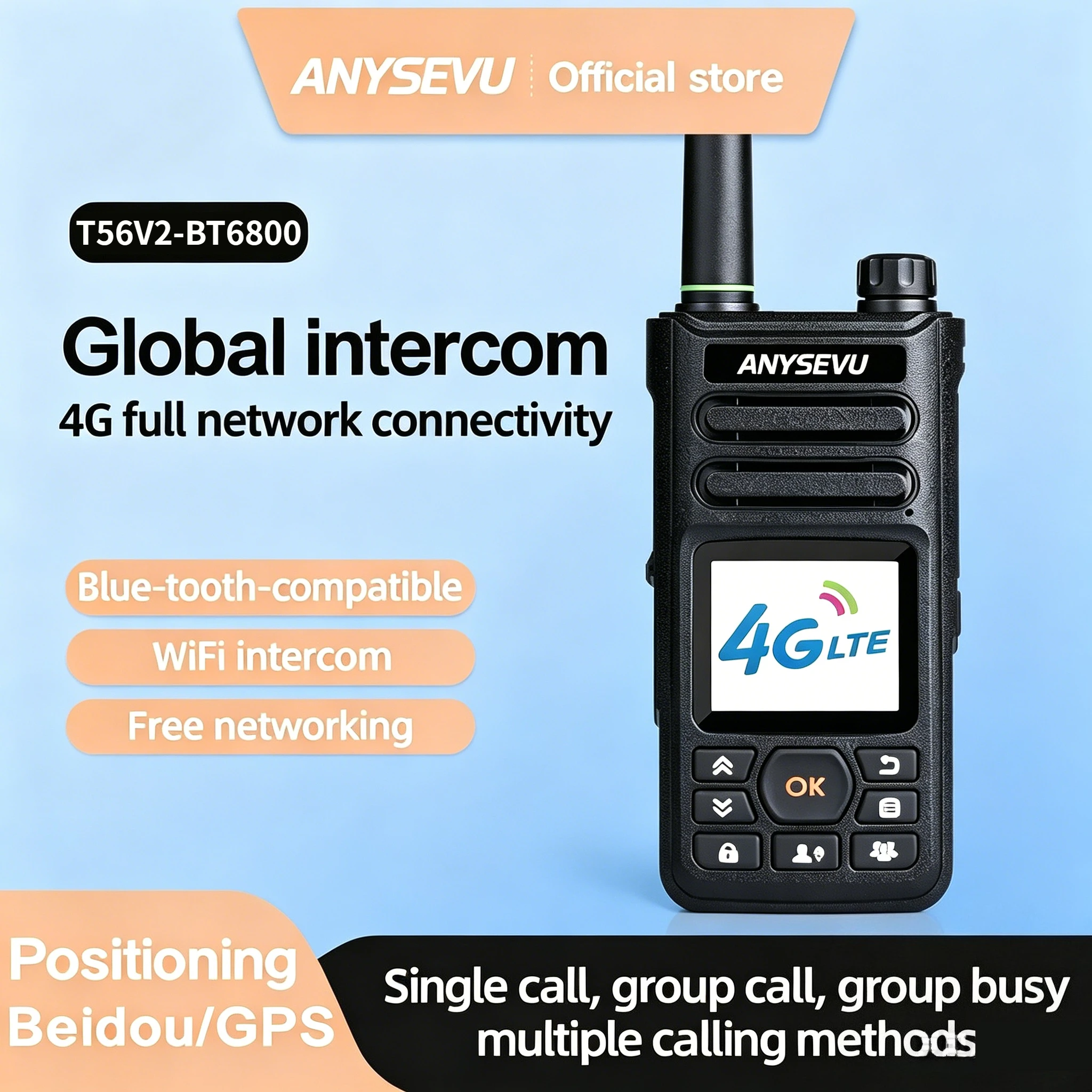 ANYSECU T56V2 4G Android Walkie Talkie 100KM Long Range Global POC Two Way Radio Compatible with ZELLO WiFi Wireless Connection