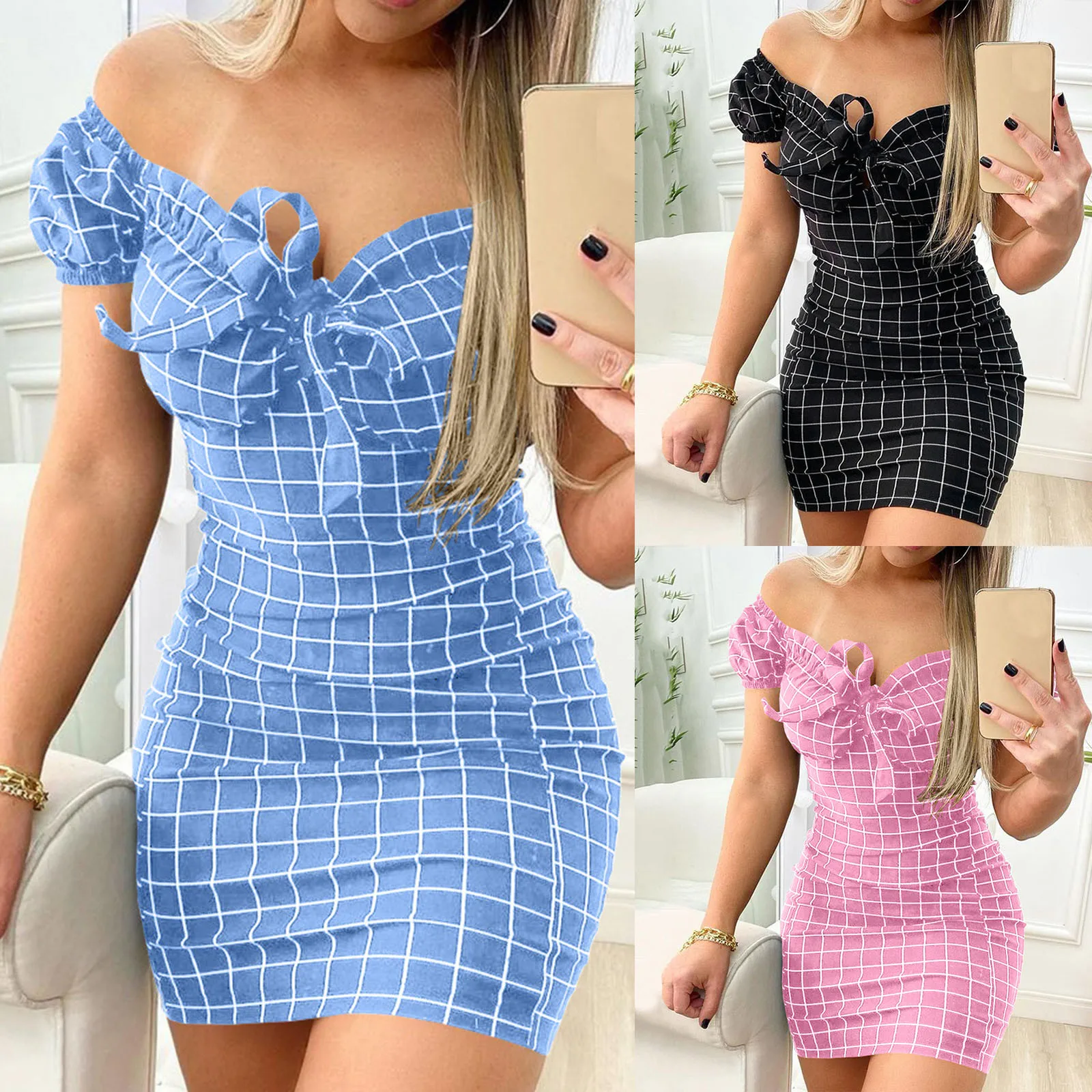 

Women Plaid Printed Wrap Dress Off Shoulder Tie Up Front Ruffle Casual Mini Dress Summer Office Lady Slash Neck Pencil Dress