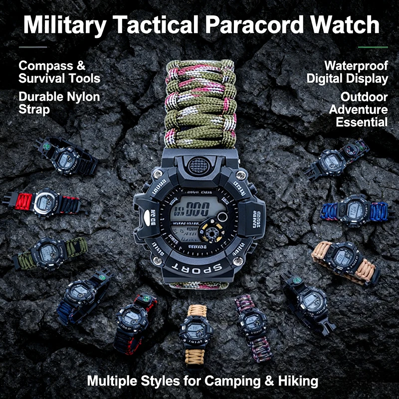 

Tactical Paracord Survival Watch - 7-Core Umbrella Rope, Freely Adjustable, Multifunctional Outdoor Climbing for Adventure Teams