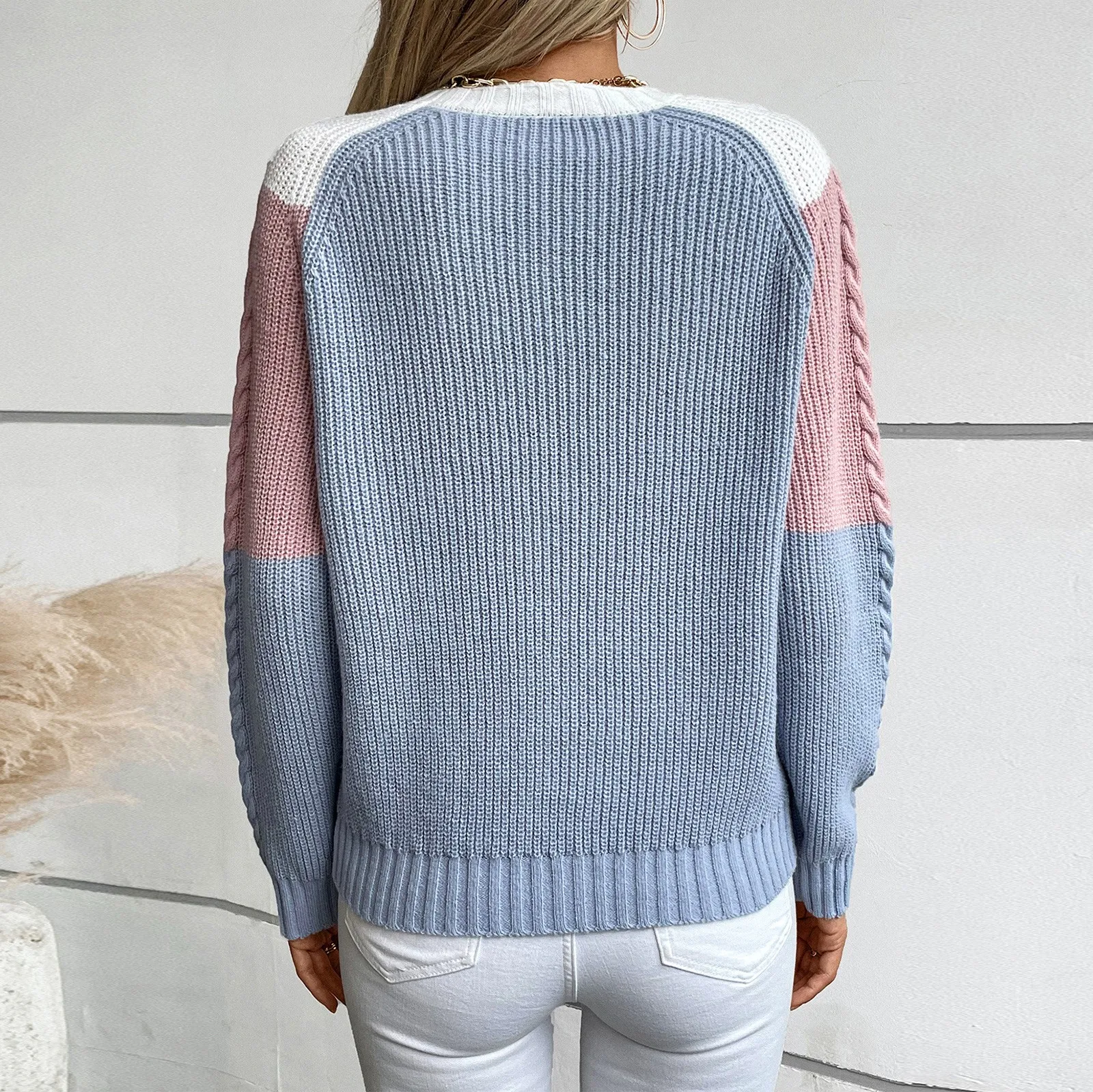 Women'S Casual Round Neck Long Sleeve Comfortable Contrast Color Cable Knit Women'S Pullover Loose Sweater Winter Clothes Woman