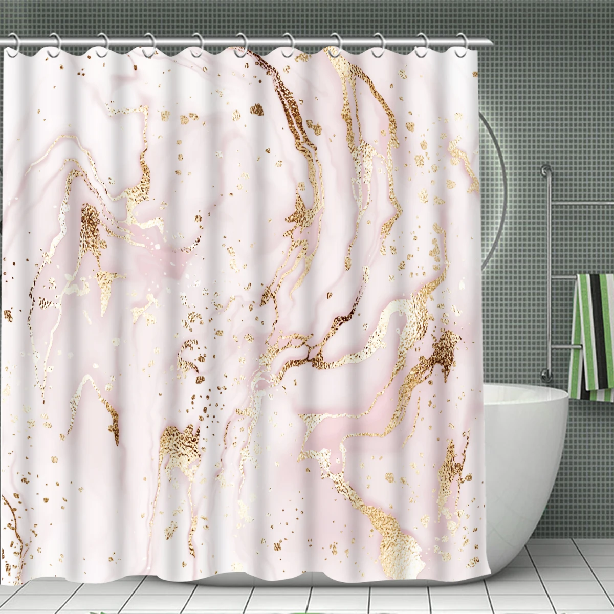 1/4PC pink quicksand simple pattern waterproof shower curtain or waterproof anti-slip shower curtain set, 12 free hooks