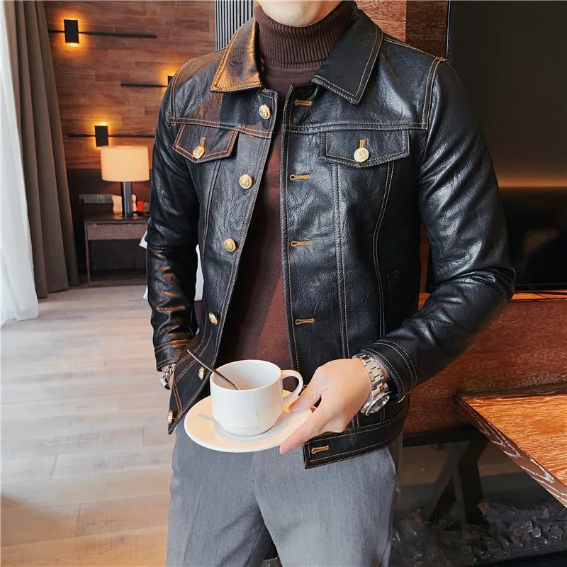 2024 Autumn New Oblique Zipper Leather Jacket Men Slim Fit Lapel Pu Leather Coat Streetwear Motorcycle Riding Uniform 3XL-M