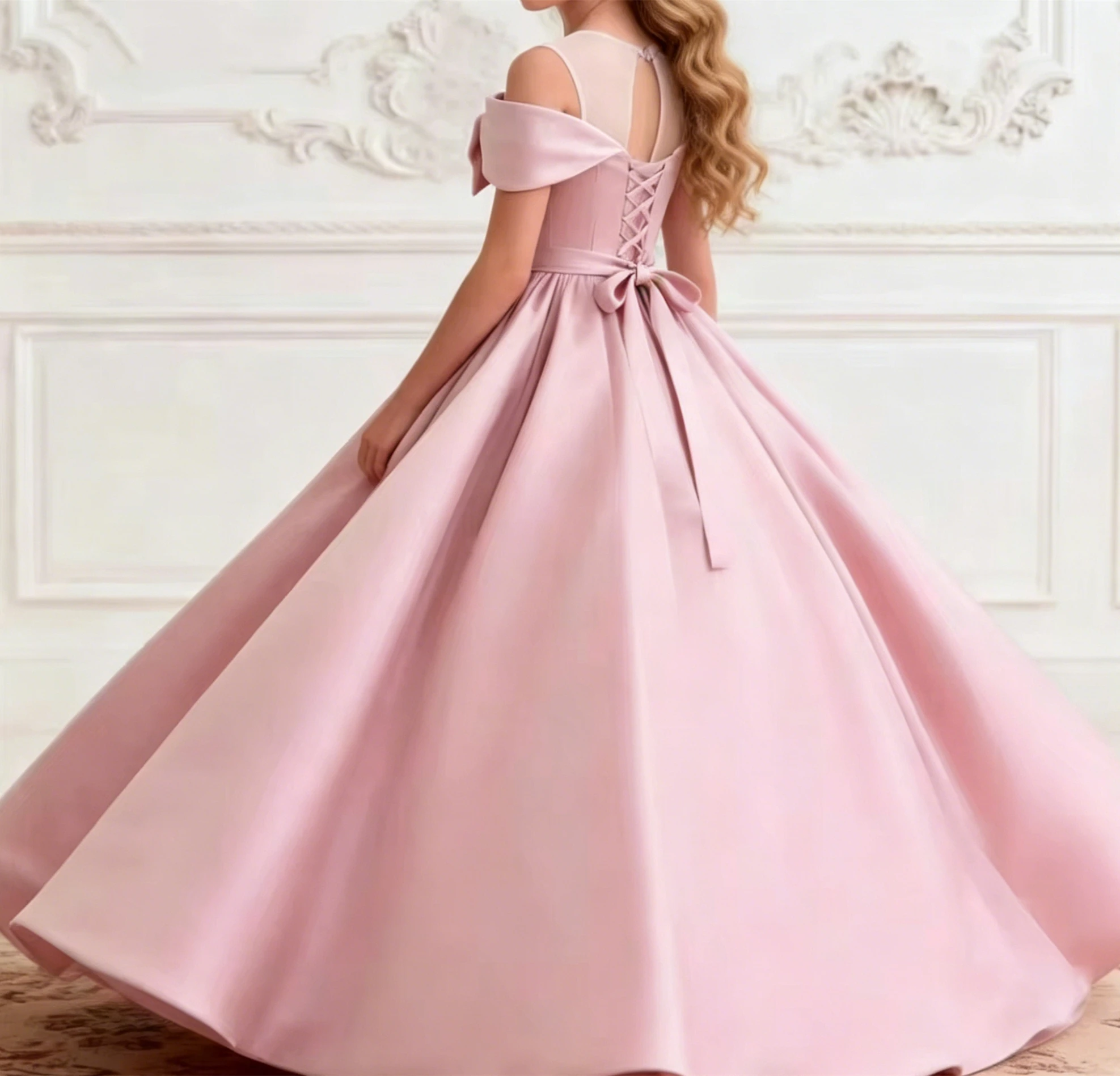 Customized Pink Flower Girl Dress For Wedding Bow Short Sleeve High Waist Floor Length Kids Birthday First Communion Gown