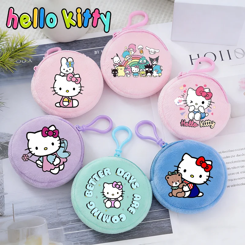 Porte-monnaie Hello Kitty, mini portefeuille rond imprimé dessin animé, porte-monnaie à fermeture éclair, sacs à monnaie mignons pour filles, rangement pour clés, cadeau d'anniversaire