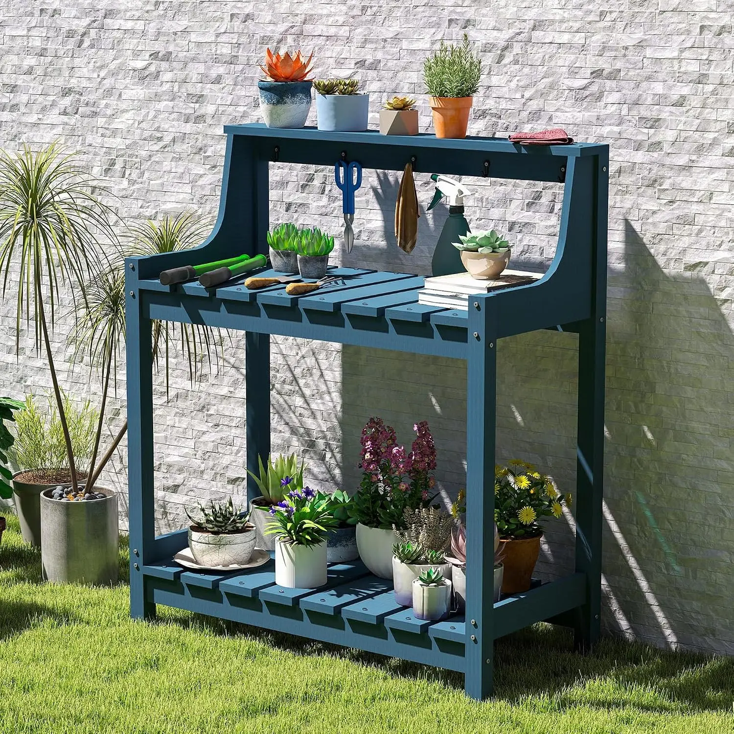 Garden Potting Bench for Outside, HDPE Outdoor Potting Table with Storage Shelves & Tool Hooks, All Weather, Customized