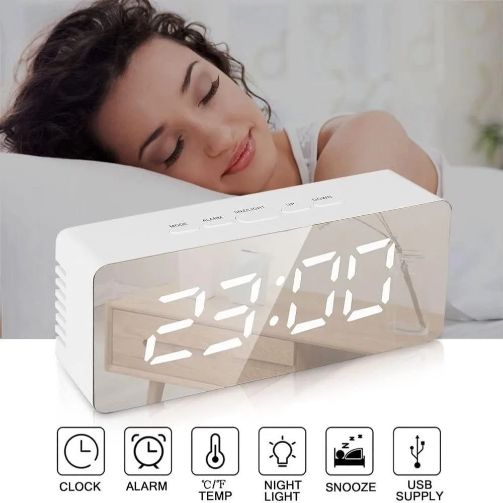 

New White Digital Clock Night Light Display Time LED Mirror Table Clock Desk Clock USB Desktop Alarm Clock