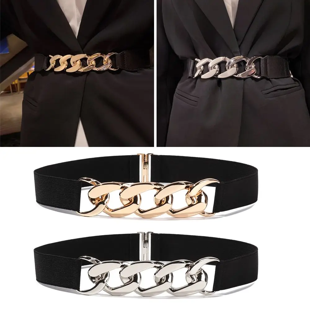 

Elastic Women Belt Punk Fashion Women Elastic Belts Gold Silver Metal Chain Waist Strap For Dress Coat Suit Decorative Waistband