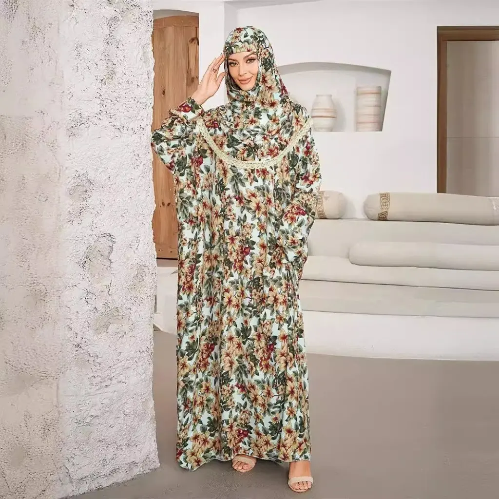 

Мусульманский кружевной молитвенный халат больших размеров с капюшоном для женщин, модное платье в африканском стиле с цветочным принтом на Ближнем Востоке