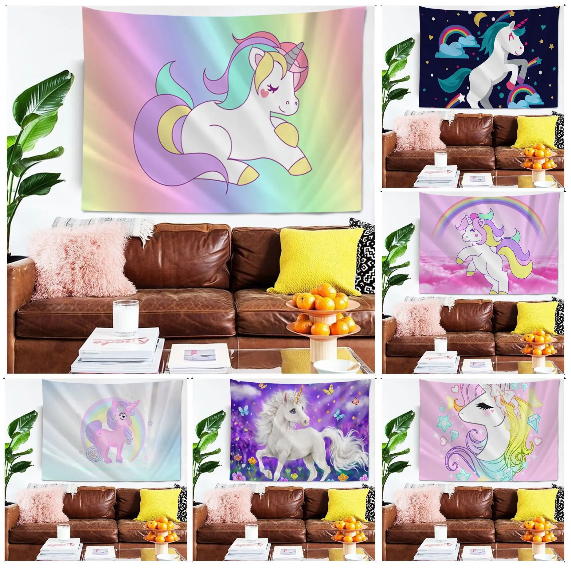 

Cartoon Unicorn Printed Large Wall Tapestry Hippie Flower Wall Carpets Dorm Decor Japanese Tapestry