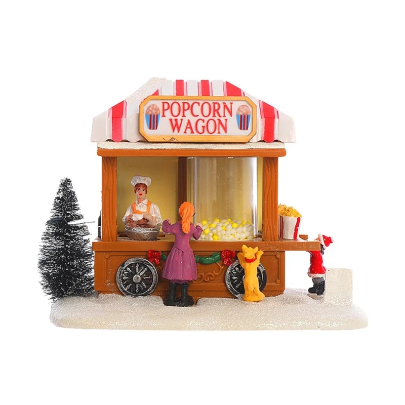KX4B-casa iluminada con LED Navidad, adorno vagón palomitas maíz resina, coche comedor Musical animado, escena