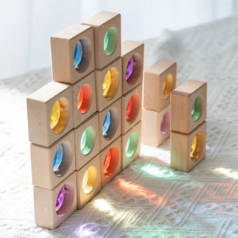 Large particle light-transmitting acrylic rainbow gemstone solid wood puzzle tool