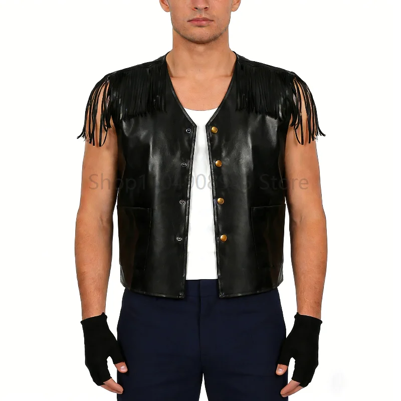 

Men Medieval Rock Vest PU Jacket Tassel Fashion Black V-neck Single-breasted Renaissance Steampunk Gothic Coat