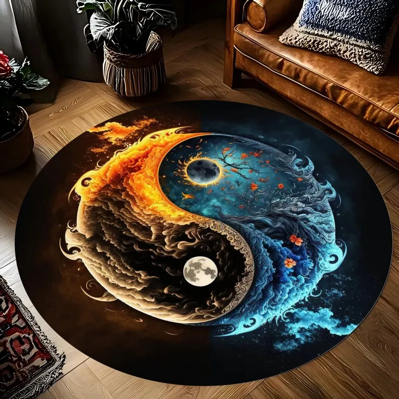 Yin Yang Dragon and Phoenix Printed Round Carpets for Home Living Room Rug Bedroom Decor Rug Non Slip Washable Flannel Floor Mat