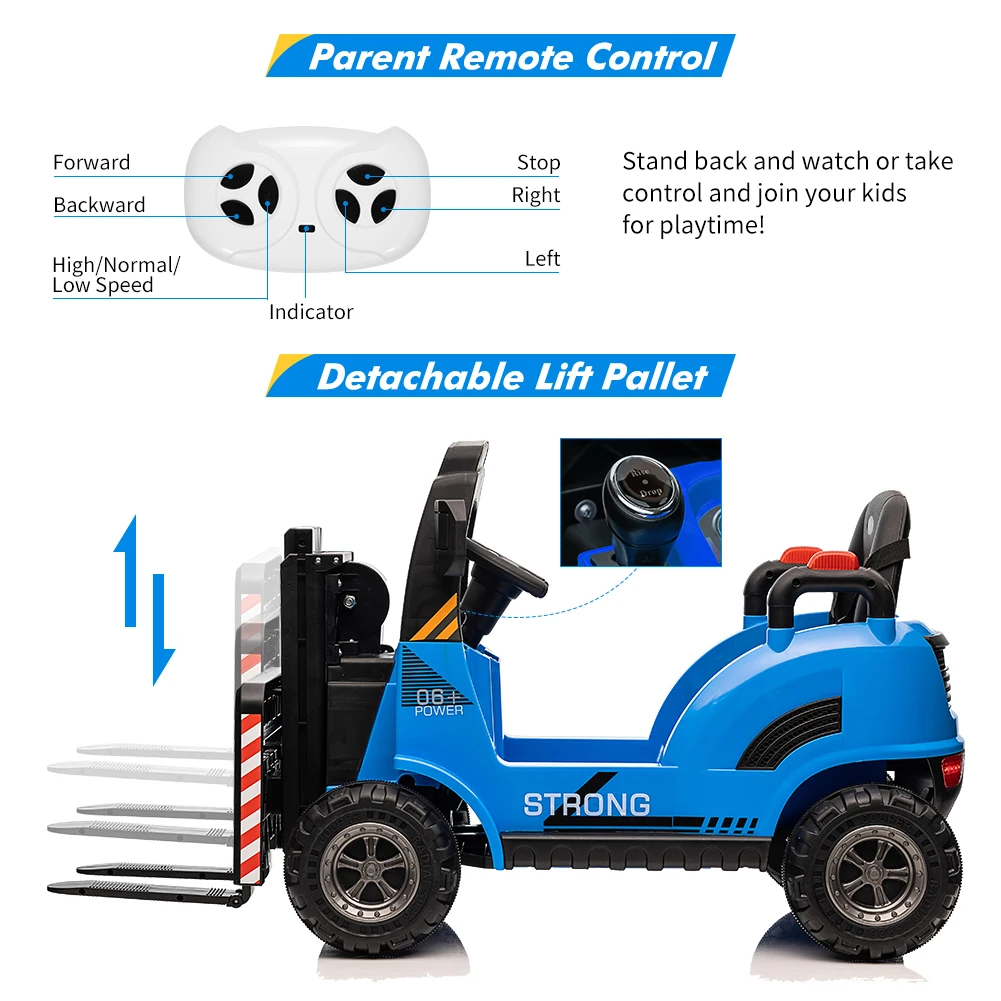 12V Ride on Forklift Car, Electric Ride On Construction Car with Remote Control, Liftable Fork and Pallet, 2 Speeds, Music, USB